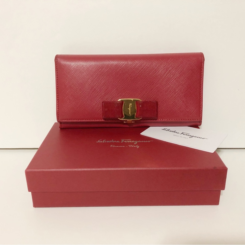 Authentic Salvatore Ferragamo Red Colour Leather Long Wallet Purse